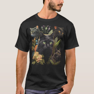 Types Of Black Cats Portraits Floral Art Cat Pet L T-Shirt