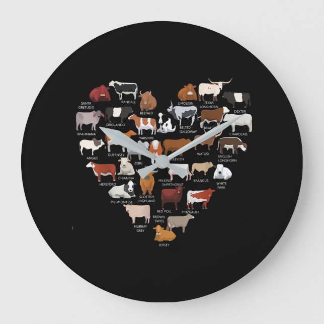 Types Of Cows Identification - Cows Heart Large Clock (Front)