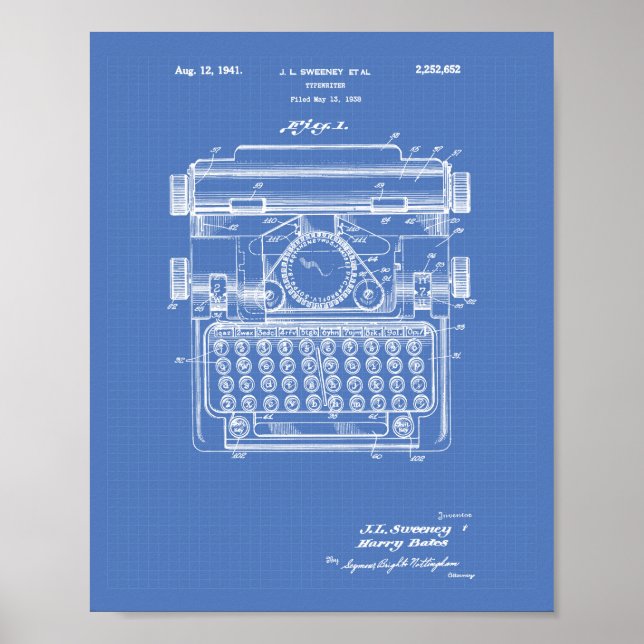 Typewriter 1941 Patent Art - Blueprint Poster (Front)