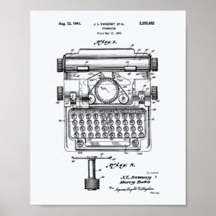 Typewriter 1941 Patent Art White Paper Poster