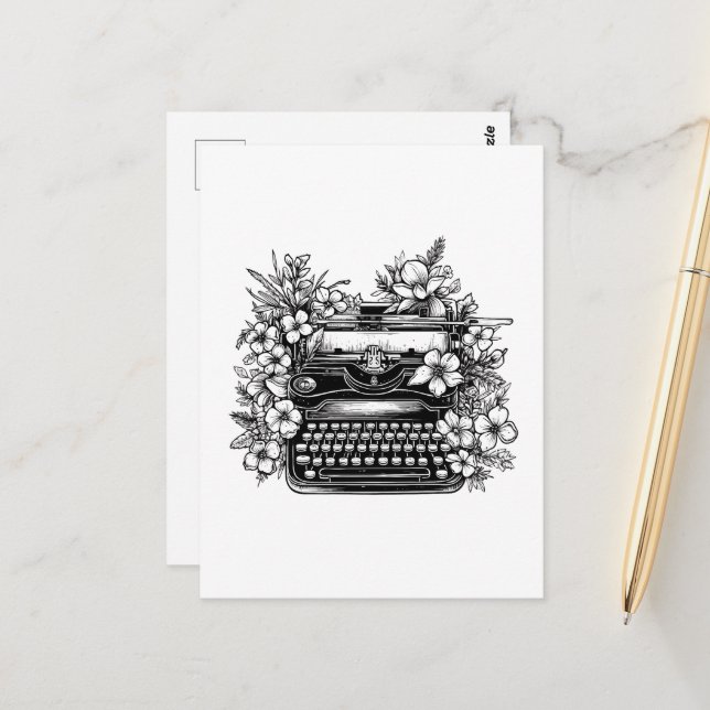 Typewriter and flowers aesthetic postcard (Front/Back In Situ)