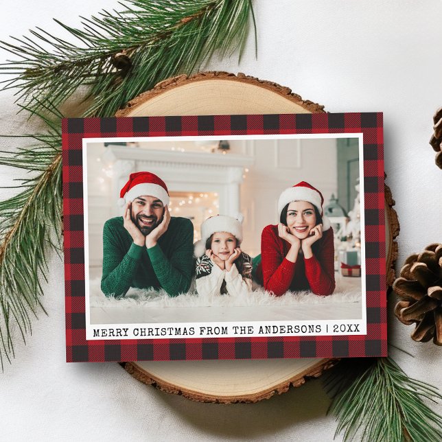 Typewriter Font Christmas Photo Red Plaid Postcard (Customize to change text size or text style.)