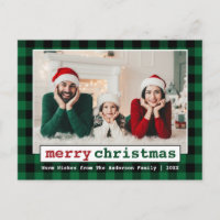 Typewriter Font Merry Christmas Photo Green Plaid