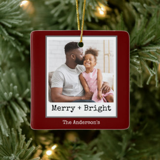 Typewriter Minimalist Christmas Photo Merry Bright Ceramic Ornament