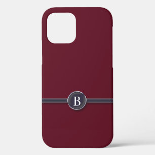 Typewriter Monogram Black Line Button on Burgundy iPhone 12 Case