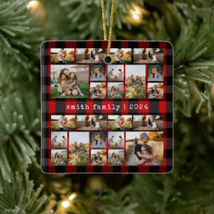 Typewriter Red Plaid Family Photo Collage Ceramic Ornament