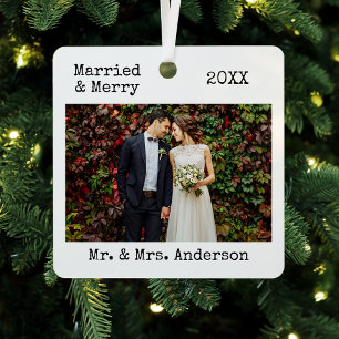 Typewriter Text Married and Merry Wedding Photo Metal Ornament
