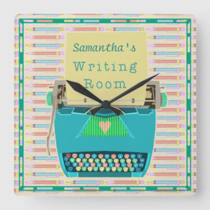 Typewriter Writing Room Personalized Author Blue Square Wall Clock