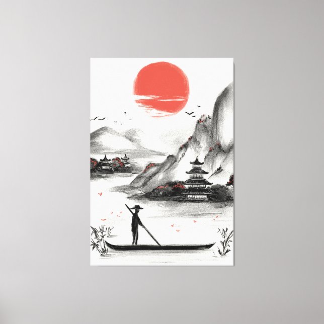 typical Japanese mountain landscape in hand-drawn Canvas Print (Front)