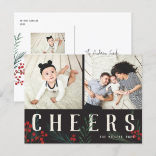 Typographic Botanicals 2 Photo Cheers Holiday Postcard