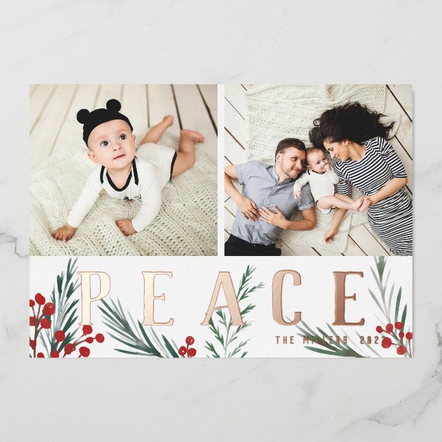 Typographic Botanicals 2 Photo Collage Peace Foil Holiday Card (Front)