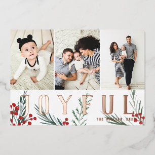 Typographic Botanicals 3 Photo Collage Joyful Foil Holiday Card