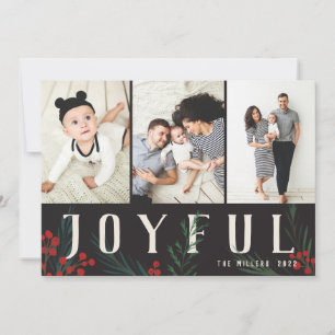 Typographic Botanicals 3 Photo Collage Joyful Holiday Card
