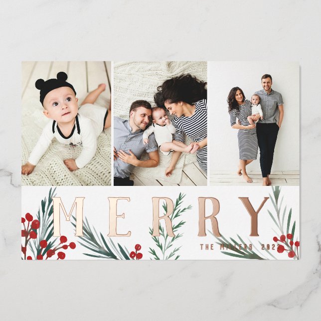 Typographic Botanicals 3 Photo Collage Merry Foil Holiday Card (Front)