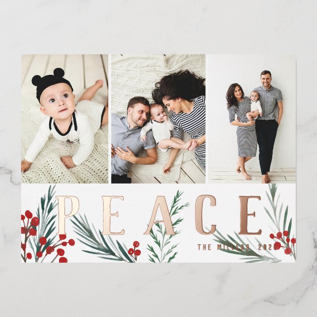 Typographic Botanicals 3 Photo Collage Peace Foil Holiday Postcard (Front)