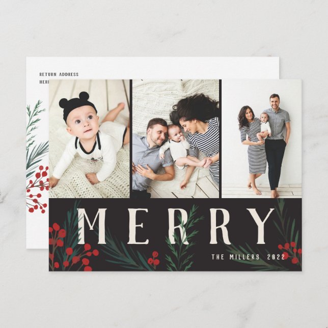 Typographic Botanicals 3 Photo Merry Holiday Postcard (Front/Back)