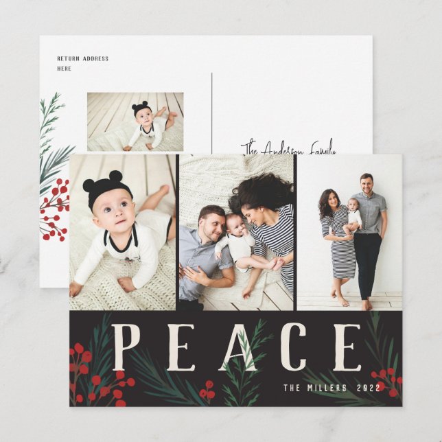 Typographic Botanicals 3 Photo Peace Holiday Postcard (Front/Back)