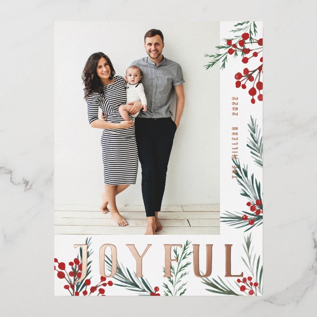Typographic Botanicals Photo Joyful Foil Holiday Postcard (Front)