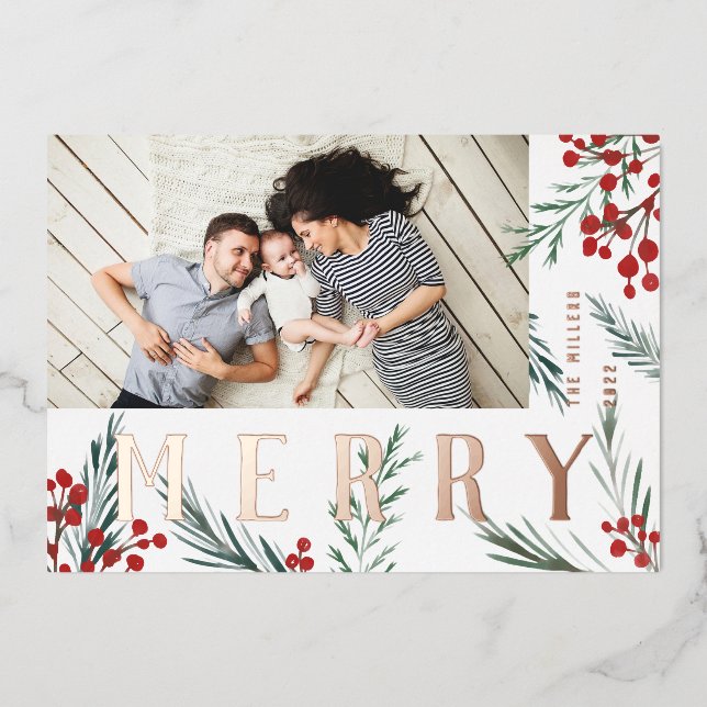 Typographic Botanicals Photo Merry Foil Holiday Card (Front)