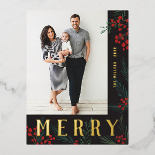 Typographic Botanicals Photo Merry Foil Holiday Postcard