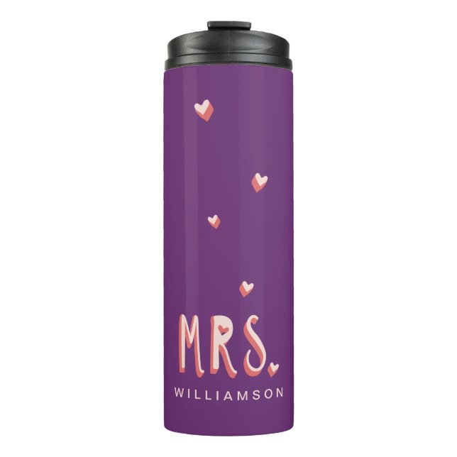 Typographic Mrs Purple & Pink Trendy Girly Hearts Thermal Tumbler (Front)