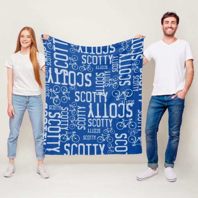 Typographic Personalized Names and Bikes Blue Fleece Blanket (In Situ)
