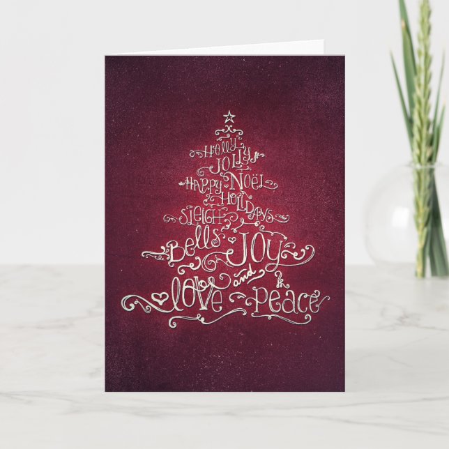 Typographic Red & Silver Christmas Tree Card (Front)