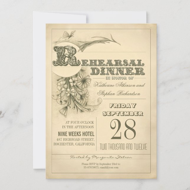 typographie antique répétition dîner invitations (Devant)