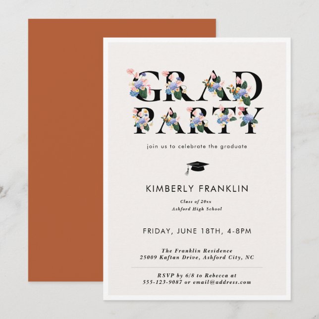 Typographie florale moderne GRAD PARTY Invitation (Devant / Derrière)