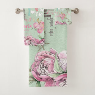 Typographie florale rose verte vintage de collage