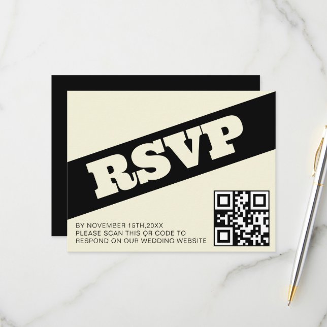 Typographie Gras QR RSVP Black Ecru Modern Mariage (Devant/Arrière en situation)