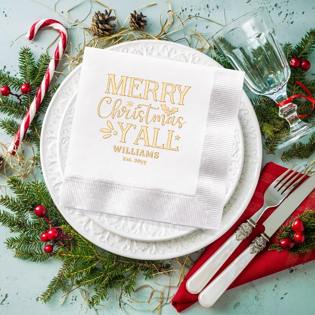 Typographie Joyeux Noël Y'all Nom de famille Date (Typography "Merry Christmas Y'all" Family Name and Date Established Festive Stamped Foil Napkins)