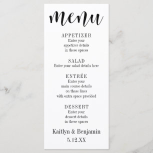 Typographie noire simple sur menu de mariage blanc