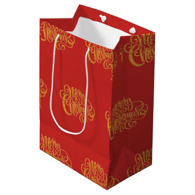 Typographie rouge et or Sac cadeau moyen Noël (Devant Angle)