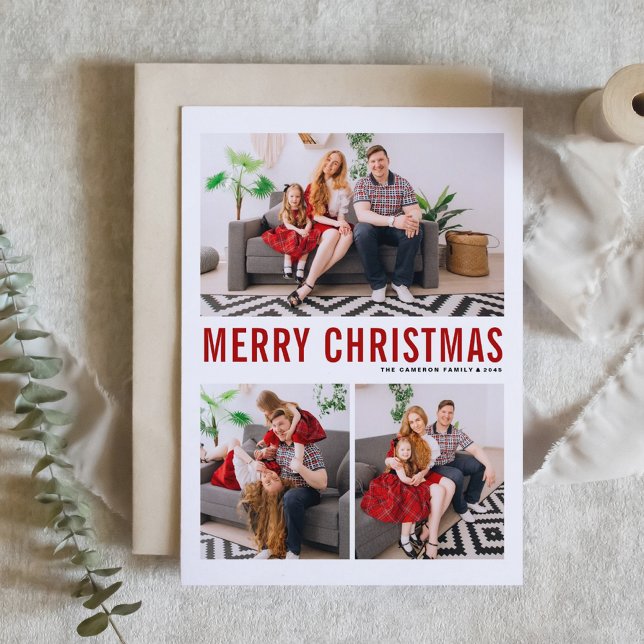 Typographie rouge Trois photos Joyeux Noël Carte (Modern Red Typography Three Photo Collage Merry Christmas Card)