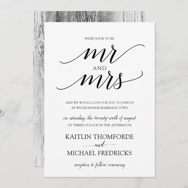 Typographie Rustique Bois Mariage Invitations Noir (Devant / Derrière)