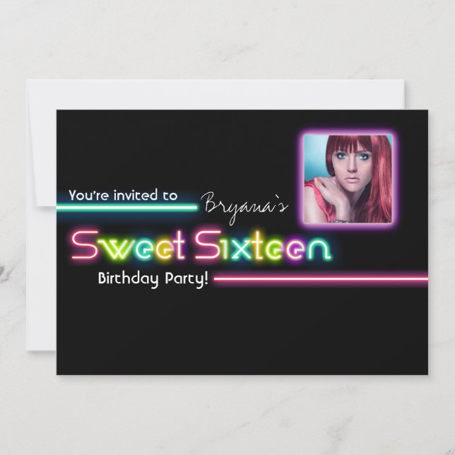 Typographie SWEET 16 Neon Glow PHOTO Invitation du (Devant)