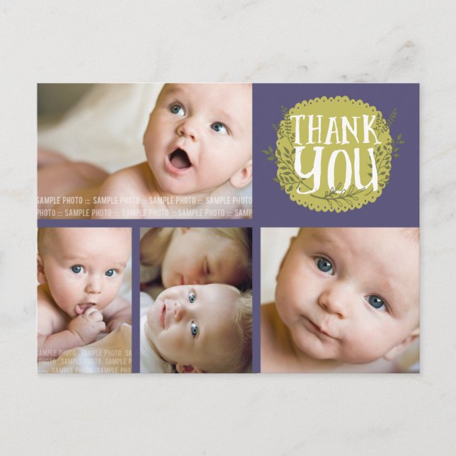 Typographie violette Photo Baby Merci Carte postal (Devant)