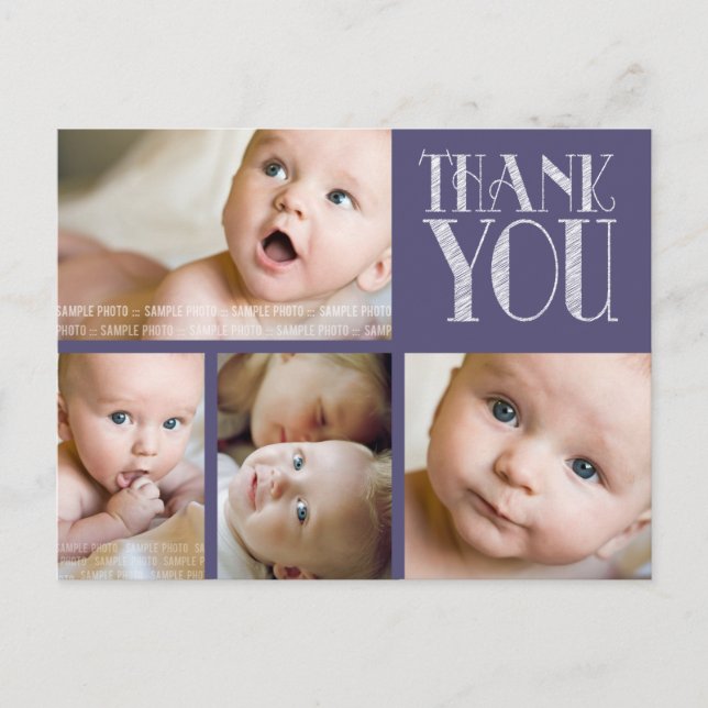 Typographie violette Photo Baby Merci Carte postal (Devant)