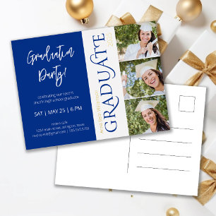 Typography 3 Photo Navy Graduation Party Foil Invitation Postcard