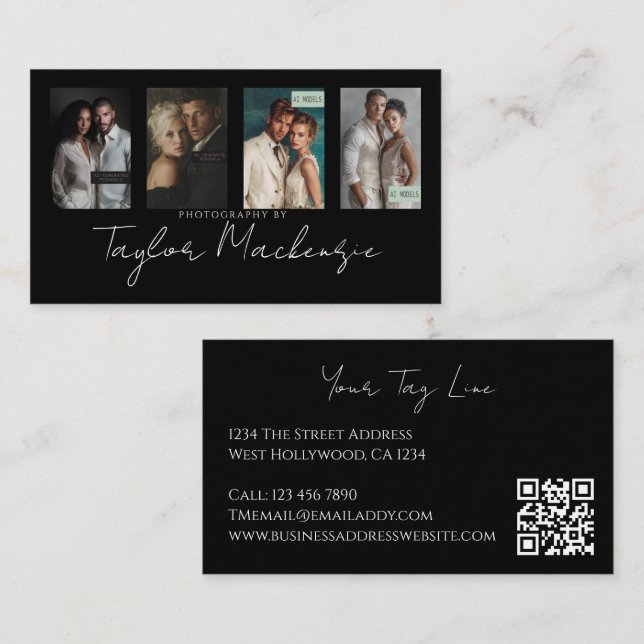 Typography 4 Photo Template Personalized QR Code Business Card (Front/Back)
