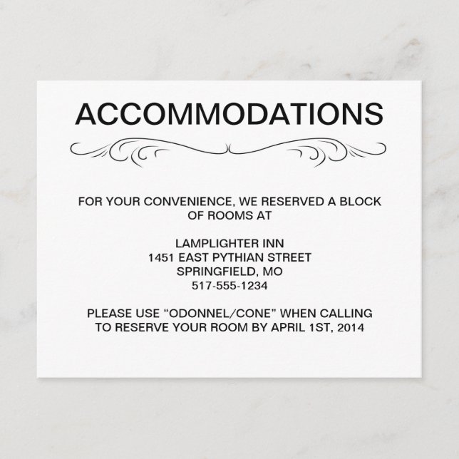 TYPOGRAPHY ACCOMMODATIONS/DIRECTIONS CARD (Front)