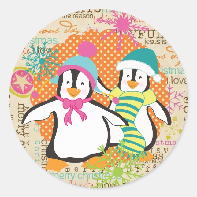 Typography and Penguins Cute Holiday Round Sticker (Front)