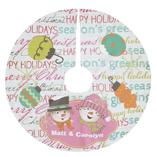 Typography and Snowmen Custom Holiday Tree Skirt (Front)