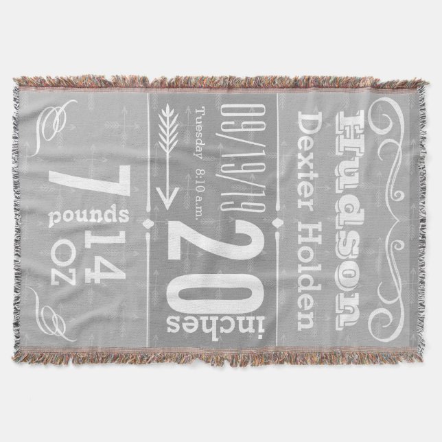 Typography Arrows Birth Stats Grey Birth Record Throw Blanket (Front)