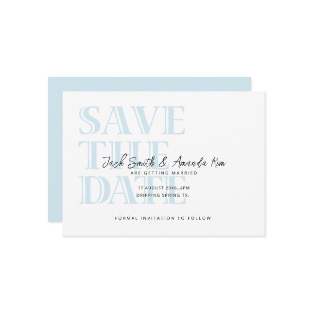 Typography Baby Blue Flat Save The Date Card (Front/Back In Situ)
