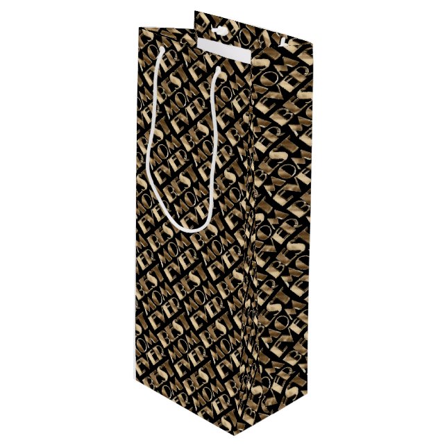 Typography Best Mom Ever Pattern Black and Gold Wine Gift Bag (Front Angled)