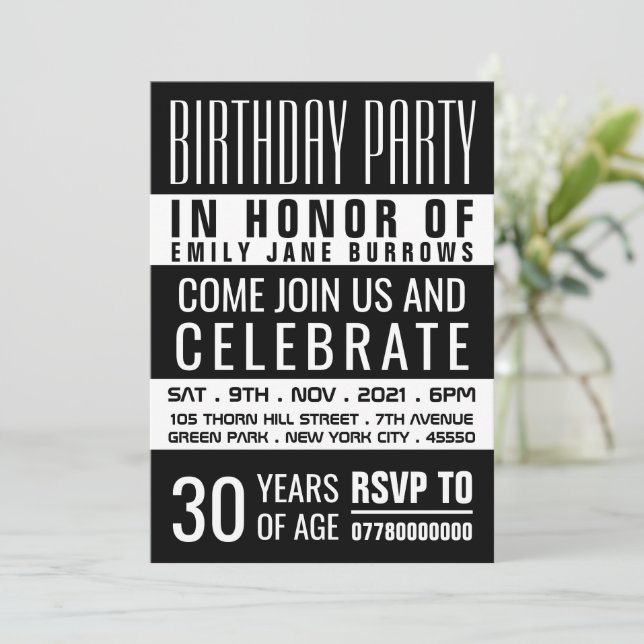 Typography, Black and White Birthday Party Invitation (Standing Front)