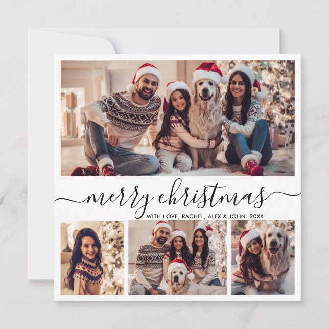 Typography Black White 5 Photo Collage Christmas Holiday Card (Front)