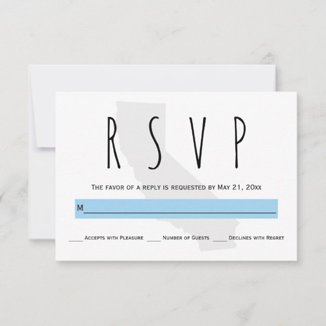 Typography blue California wedding RSVP card (Front)